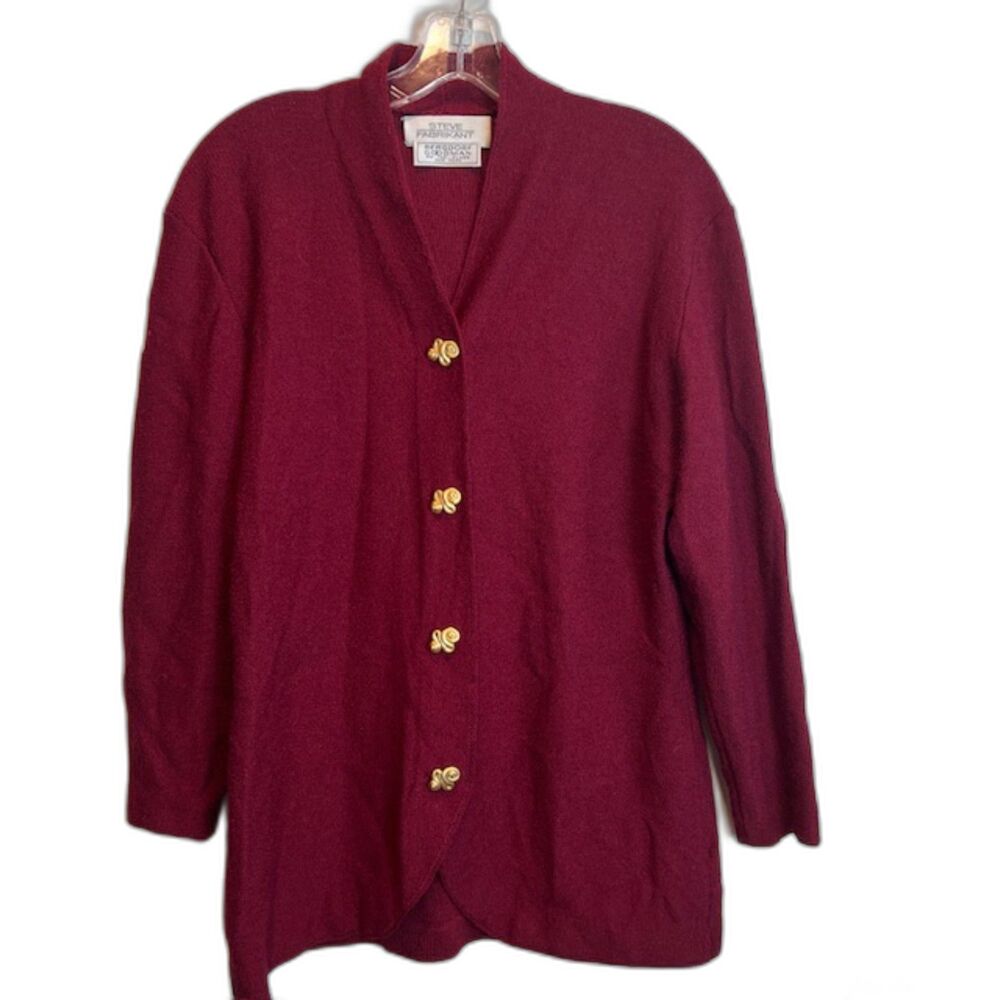 Steve Fabrikant Bergdorf Goodman Vintage Red Wool Knit Cardigan Gold Button 10